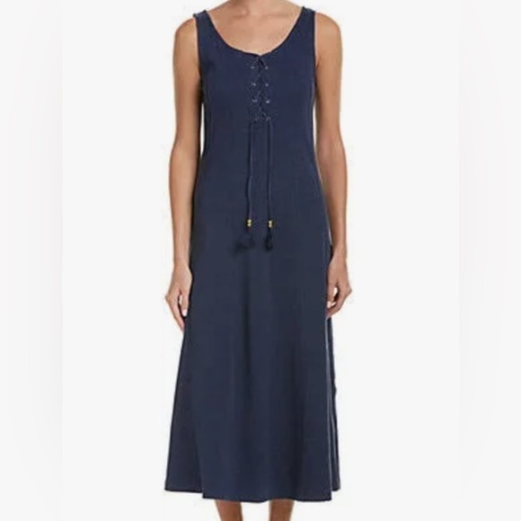 90s JOAN VASS Denim Blue Y2K 100% Cotton Lace-Up Tassel Halter Dress, Size 3 - Picture 1 of 11